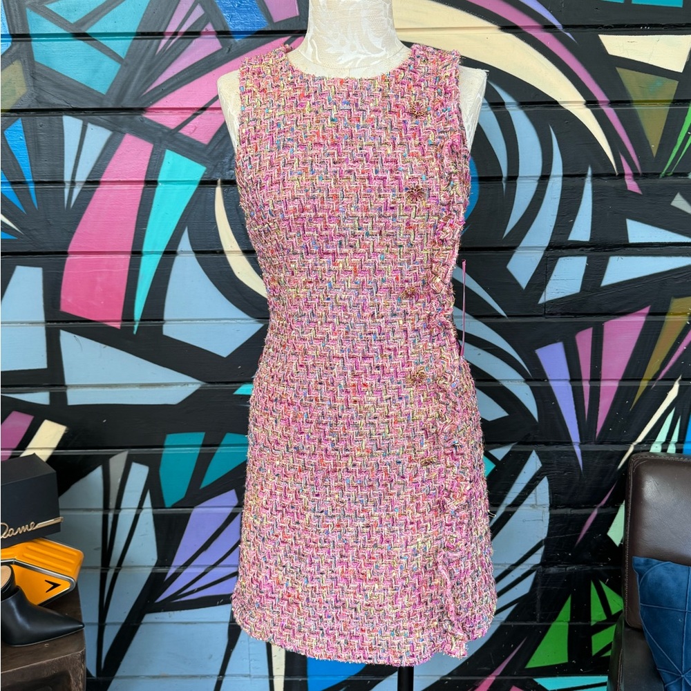 NWT BETSY JOHNSON pink sleeveless tweed dress, size 6.